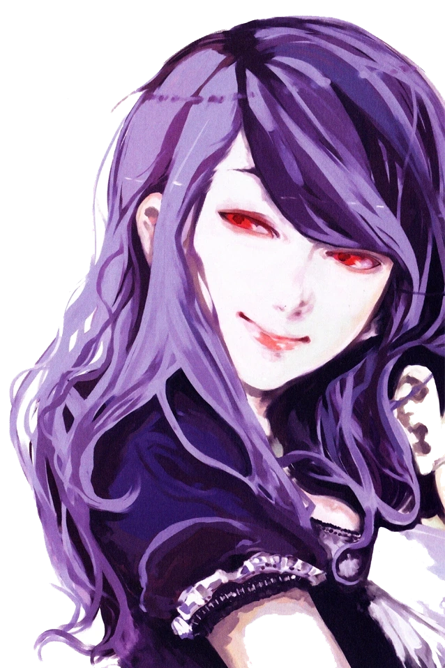 Karakter perempuan berambut ungu dengan mata merah bernuansa Tokyo Ghoul